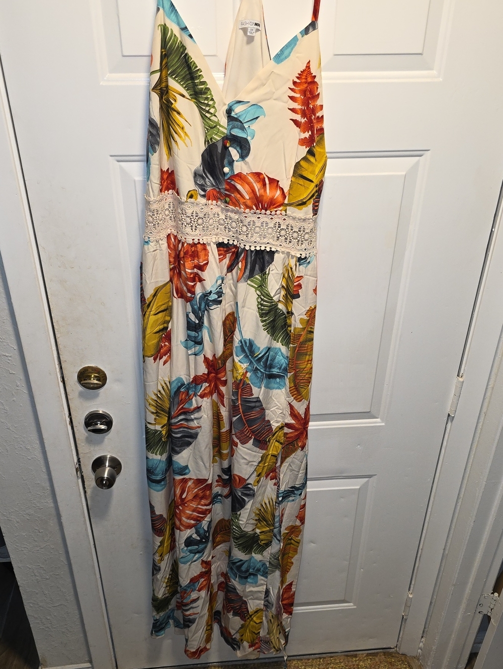 Fashion Nova White Maxi Dress with Tropical Multi-Color Print